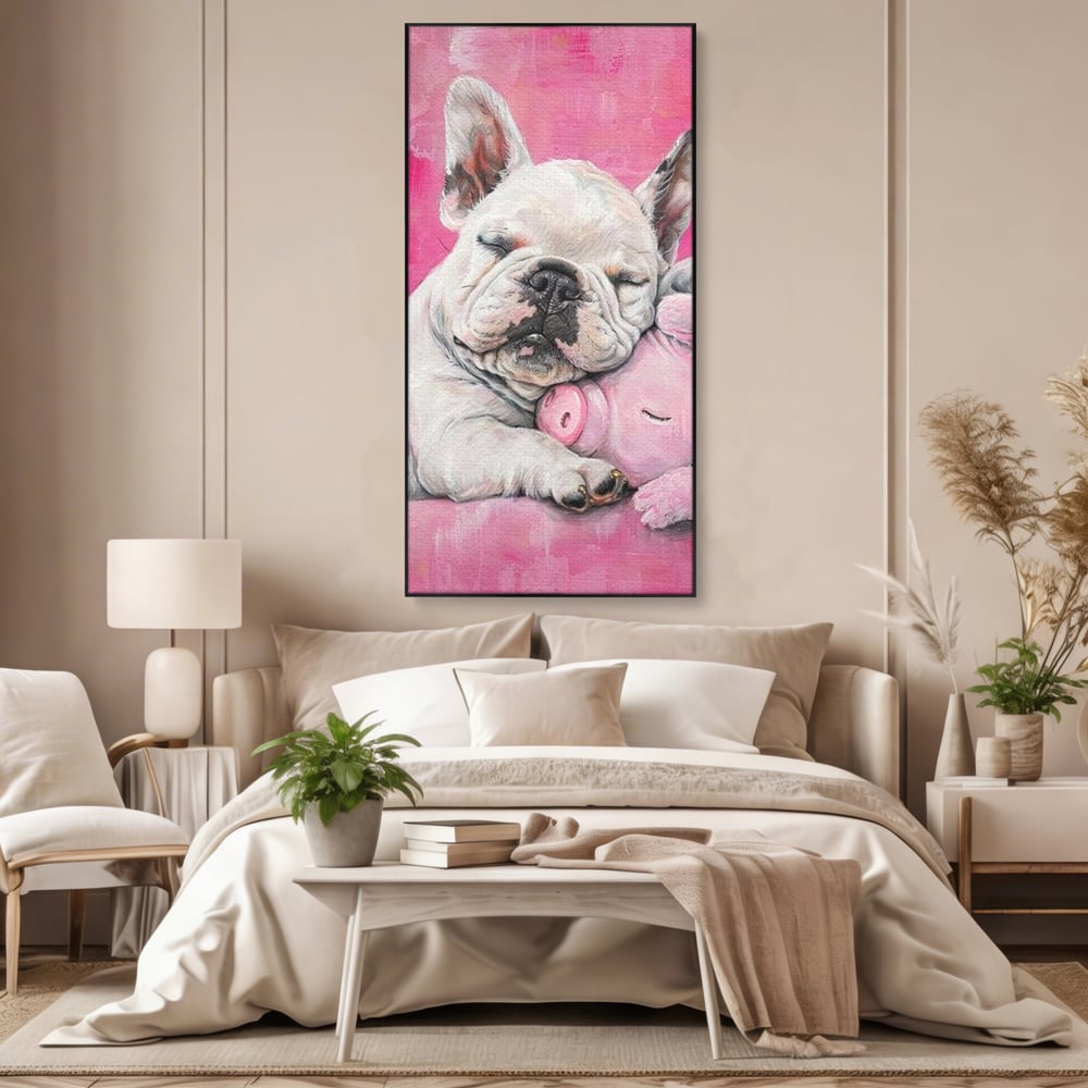 Tablou canvas cu pictura cu bulldog si porcusor, in rama de aluminiu negru, pe perete intr-un dormitor